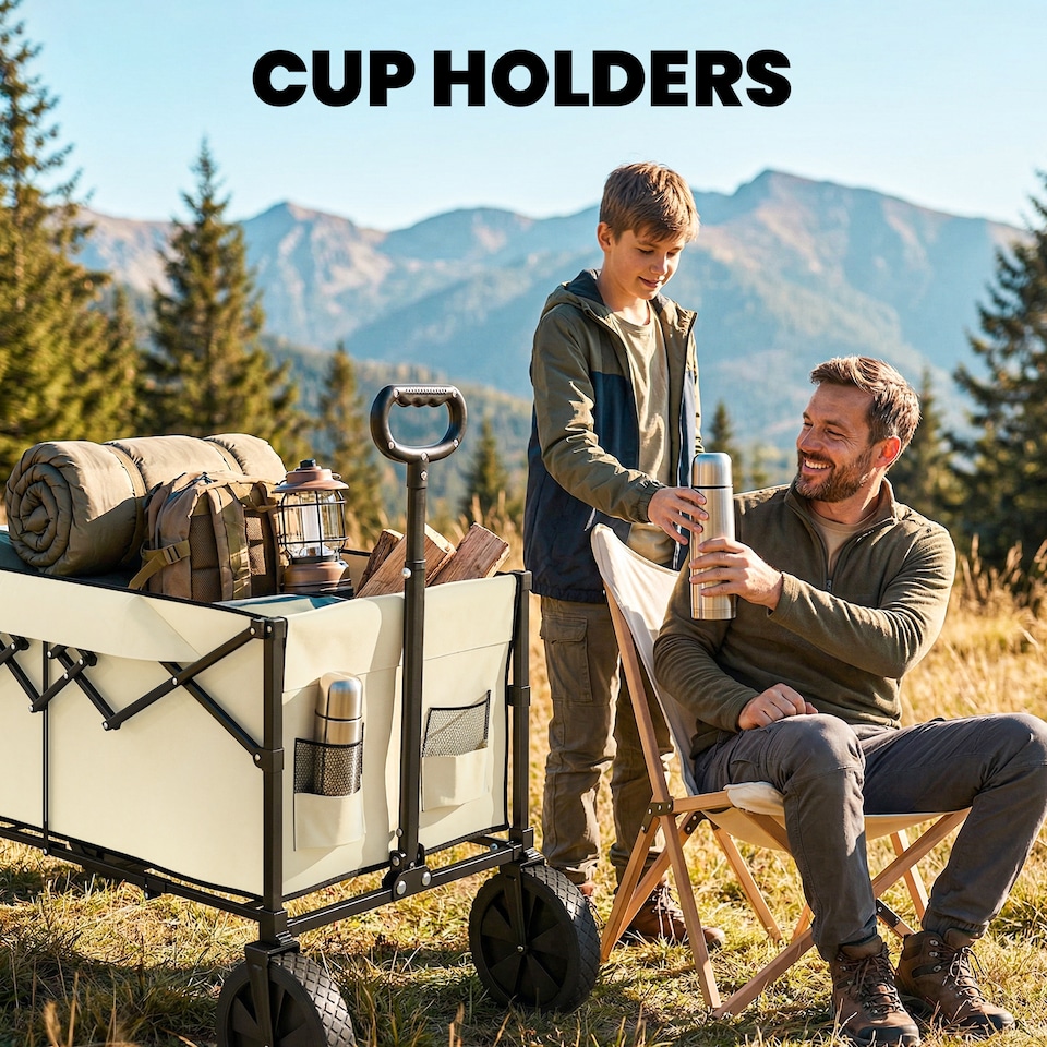 image 1 of Outsunny 95L Foldable Festival Trolley on Wheels | Brown | Black | 103L x 46.5W x 97H cm