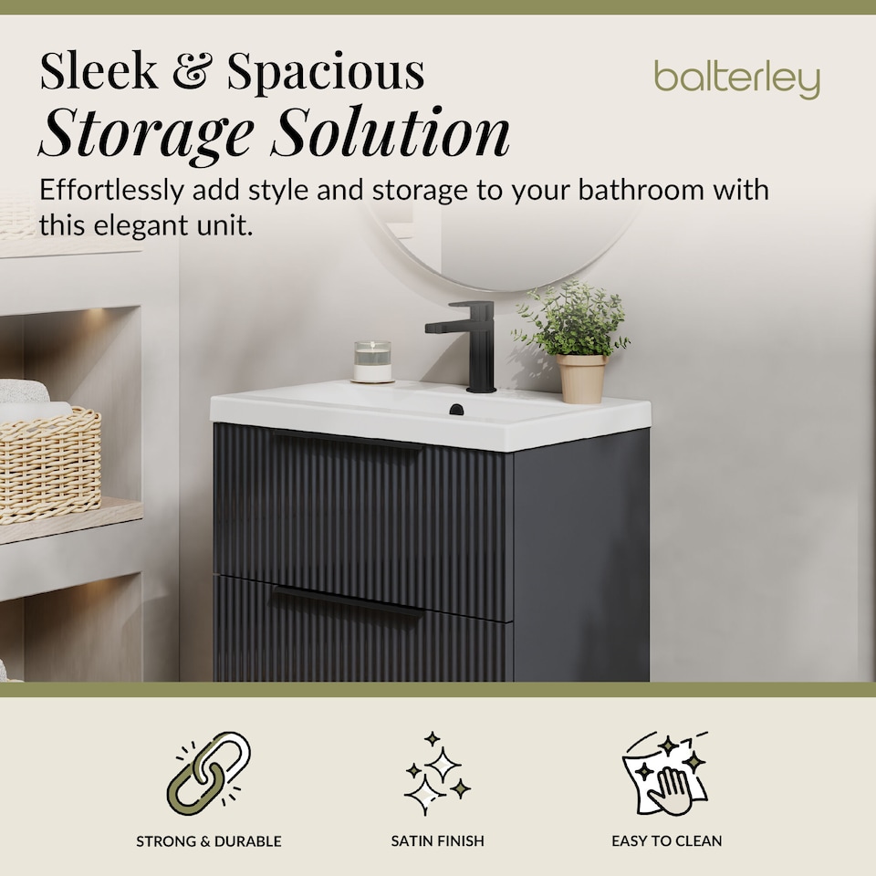 image 1 of Balterley Fluted Front Wall Hung 2-Drawer Bathroom Vanity Unit with 1 Tap Hole Basin, Handles | Grey | Soft Black