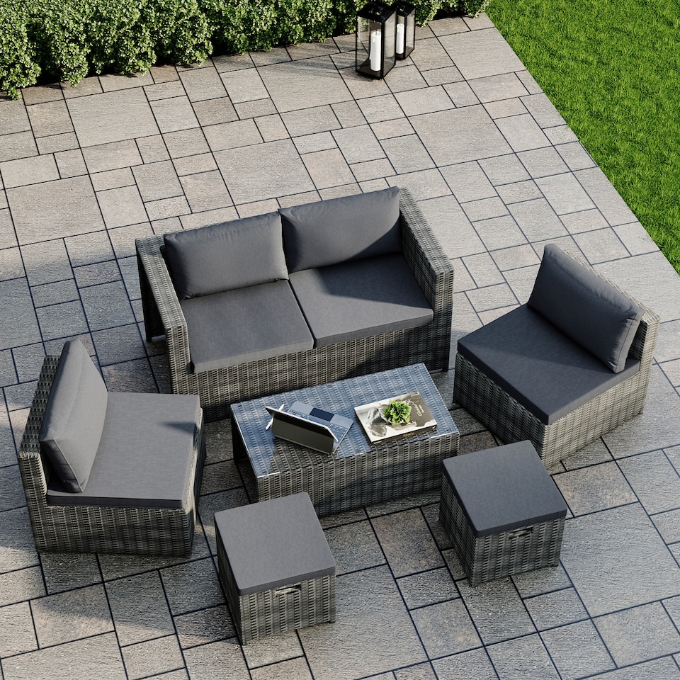image 1 of Garden Vida Islay 6 Seater Rattan Outdoor BBQ Patio Set with 2 Seater Sofa, 2x Chairs, 2x Stools, Glass Top Coffee Table - Grey