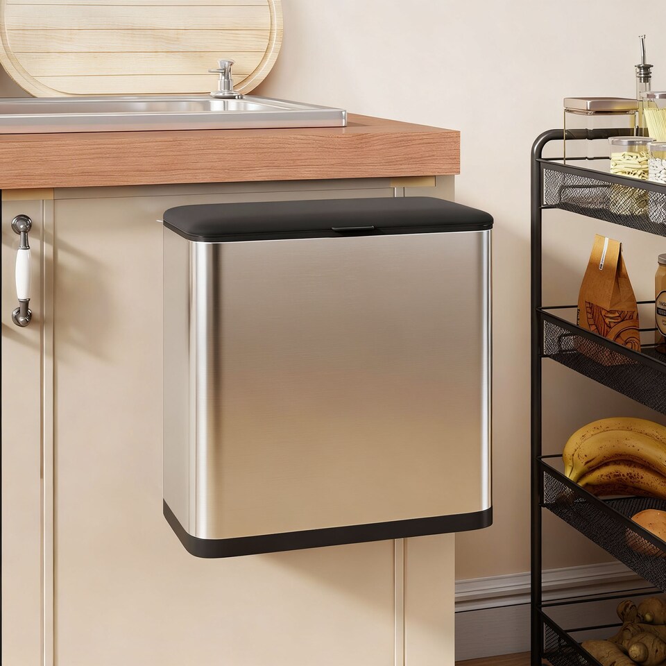 image 1 of HOMCOM 8L Hanging Kitchen Bin, Stainless Steel Rubbish bin with Press-to-Open and Stay-Open Lid, Removable Inner Bucket for Kitchen Cabinet Door, Under Sink, Bedroom, Office, Silver Tone | Silver | Silver