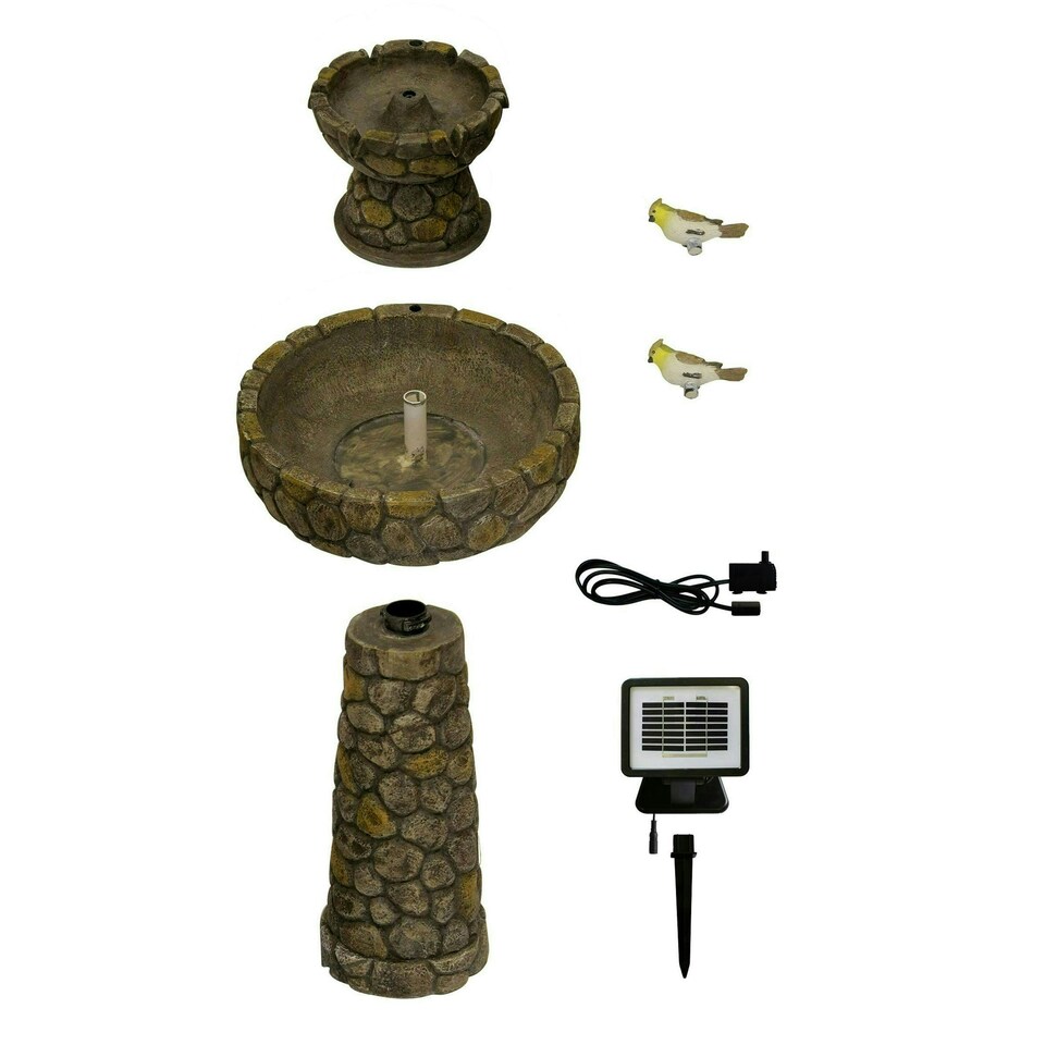image 1 of Primrose Solar Powered Bird Bath Cobbled Stone Effect Water Feature 68cm