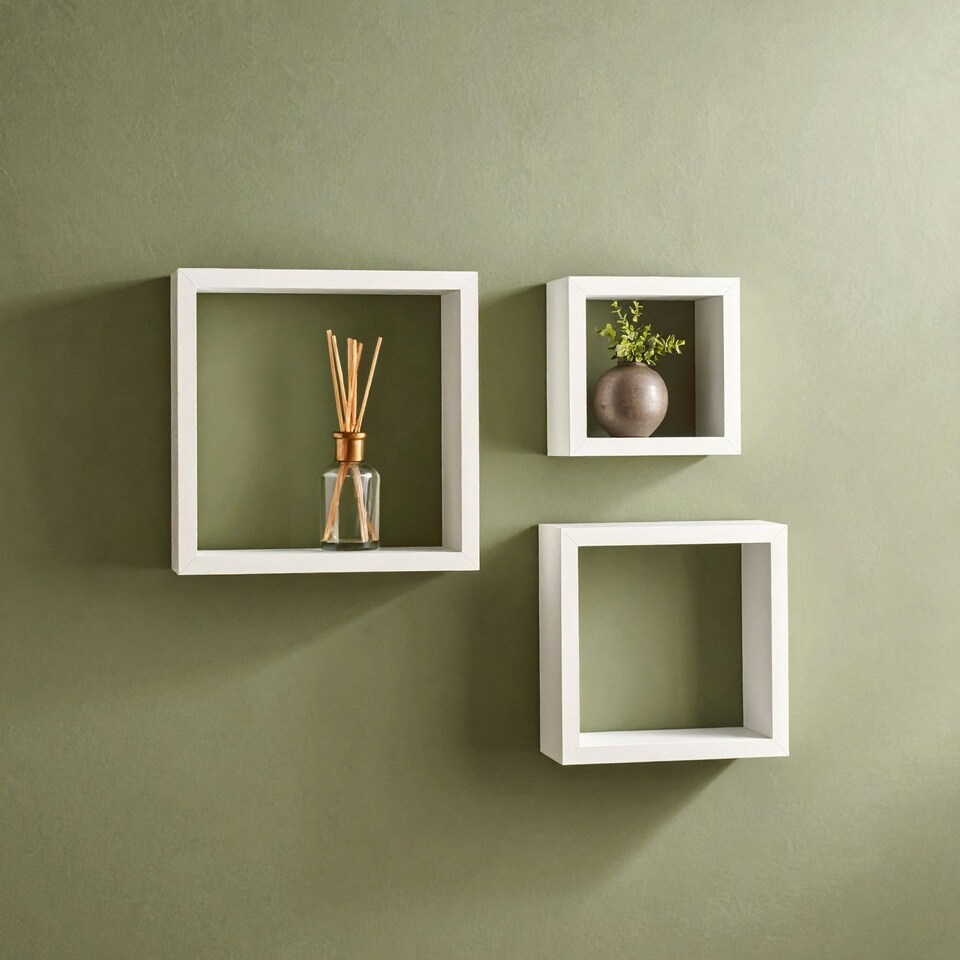 image 1 of Interiors by Premier Set of 3 White MDF Wall Cubes, Floating Storage Shelves with PVC Coating, Ideal for Displaying Ornaments White