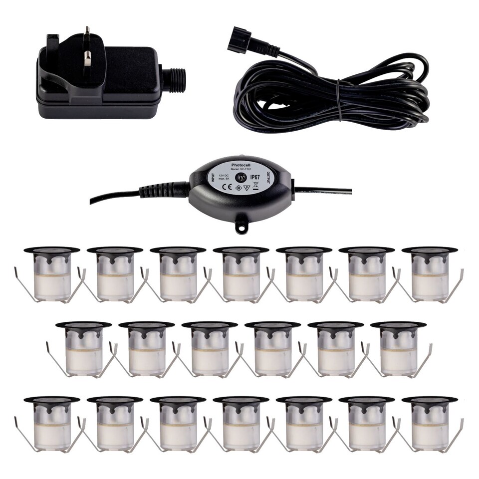 image 1 of Set of 20 - 30mm Black IP67 Warm White LED Decking Kit Photocell