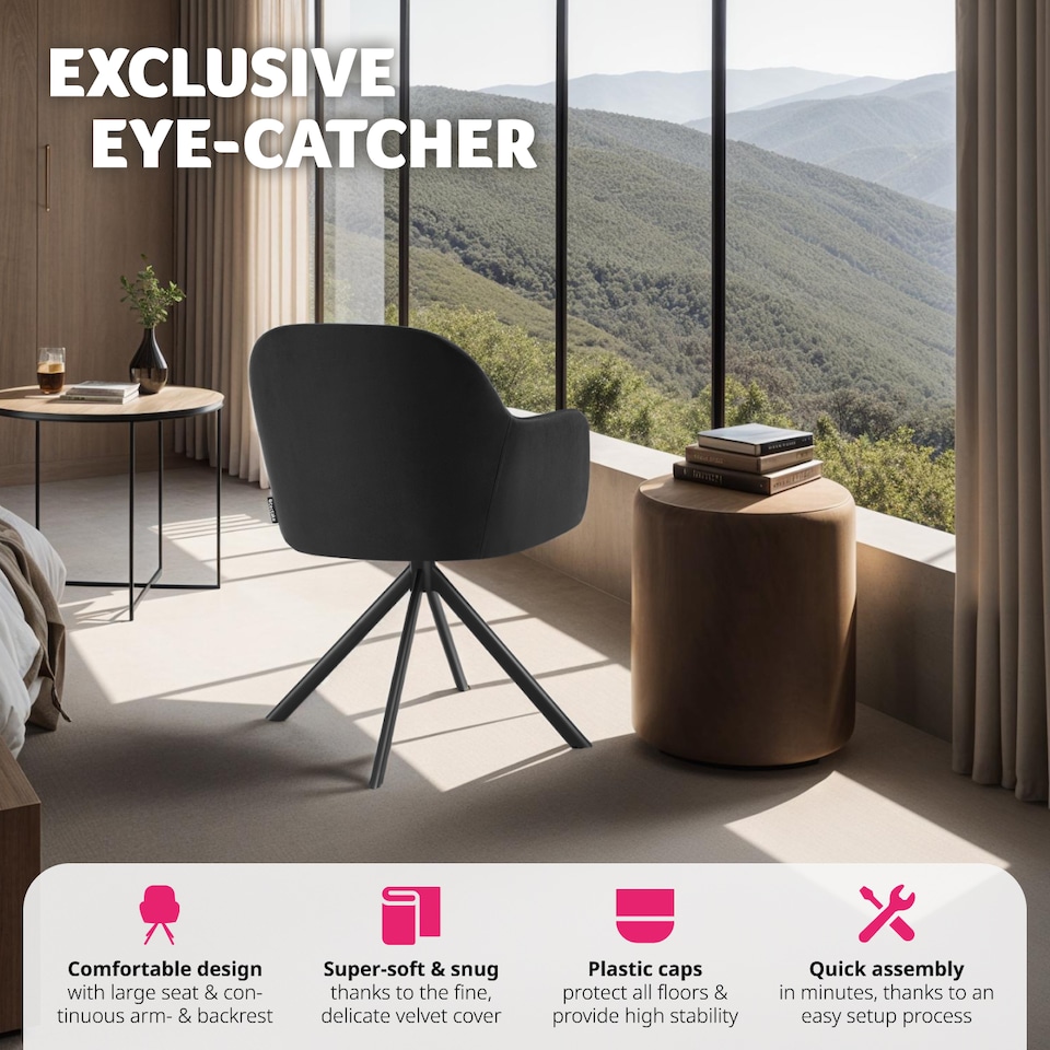 image 1 of Lounge Armchair Living Room Accent Chair 360 Swivel Slim Steel Legs Velvet Fabric | Black | black/black | 4