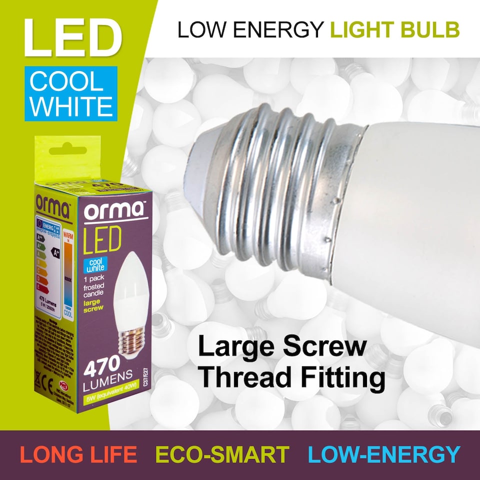 image 1 of PMS Cool White Candle LED Bulb 5W E27 Frosted - Large, 470 lm, Non-Dimmable