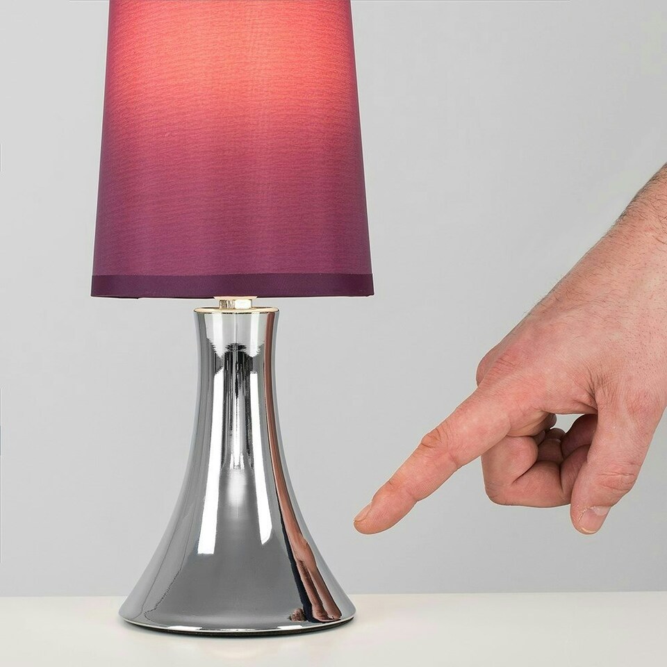 image 1 of ValueLights Pair of - Small Chrome Touch Table Lamps with Purple Fabric Shades With 5w LED Dimmable Candle Bulbs In Warm White