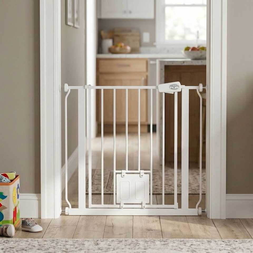 image 1 of Bettacare Pet Gate with Lockable Cat Flap, 75cm - 83cm, White, 75cm in Height, Dog Safety Barrier with Cat Flap | White