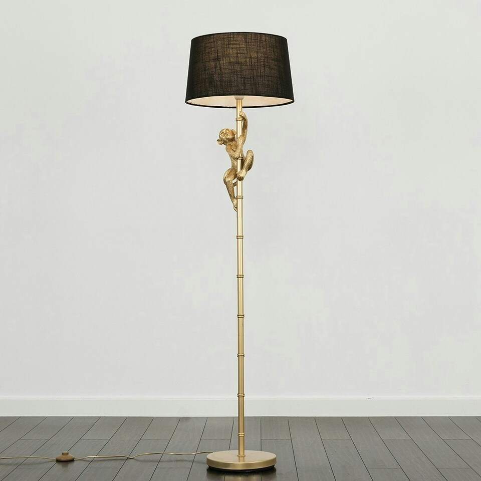 image 1 of ValueLights Monkey Painted Gold Floor Lamp with Black Drum Shade and LED Bulb Black