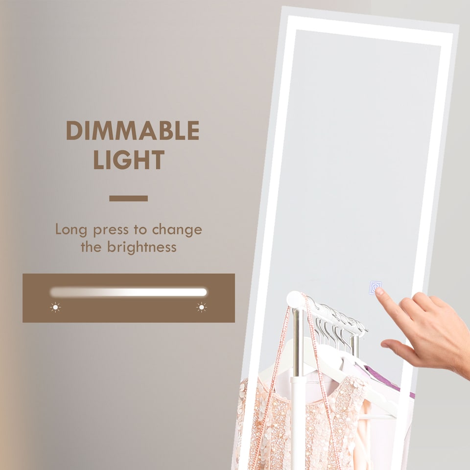image 1 of HOMCOM Full Length Mirror with LED Lights, 15040cm Floor Mirror, Free Standing, Wall Mounted or Leaning, Full Size Body Mirror with Dimmable and 3 Colour Lighting for Bedroom, 33W, White