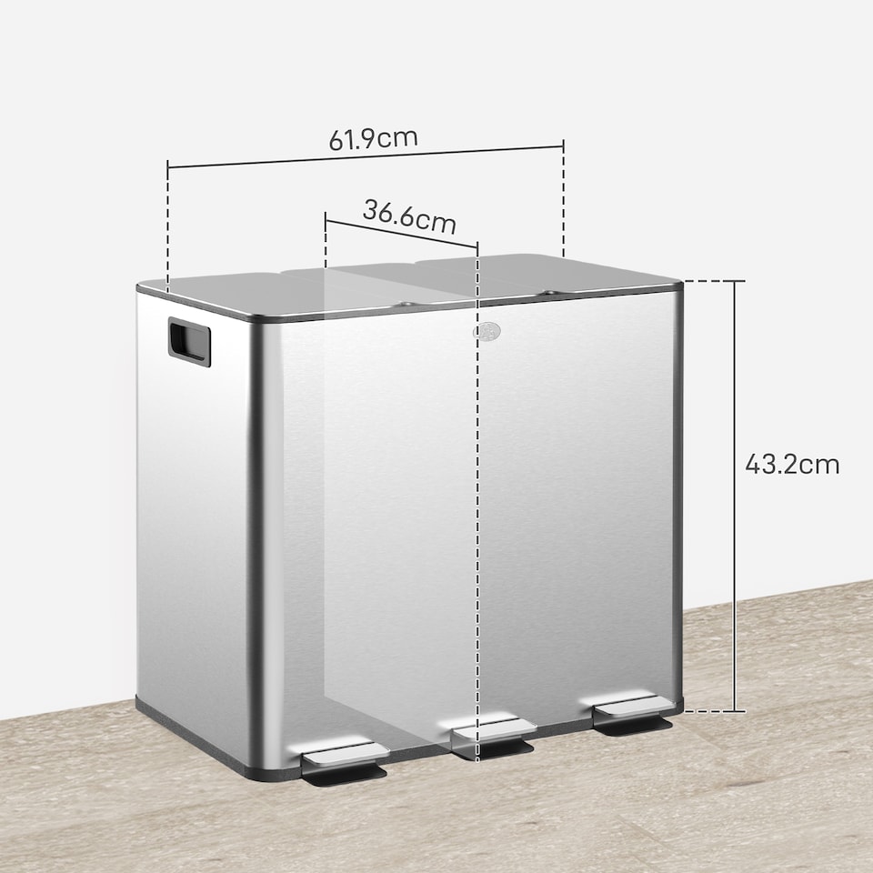 image 1 of HOMCOM Triple Kitchen Bin, 3 x 15L Pedal Bin, Stainless Steel Three Rubbish Bin with Removable Inner Buckets, Soft Close Lid, Fingerprint-Proof for Recycling and Waste, Silver Tone | Silver | 1