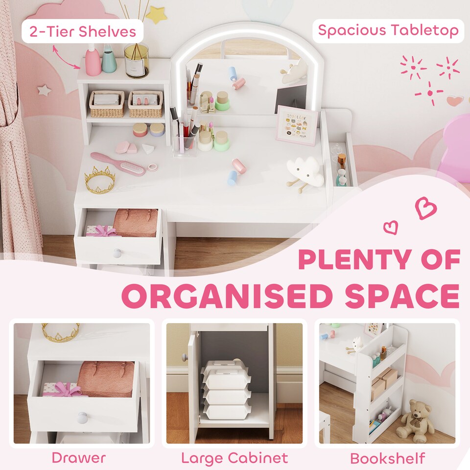 image 1 of AIYAPLAY Kids Vanity Table and Chair Set, Girls Dressing Table with 2-Colour LED Mirror, Stool, Cabinet, Drawer, Bookshelf and Shelves for Ages 3-8 Years | White