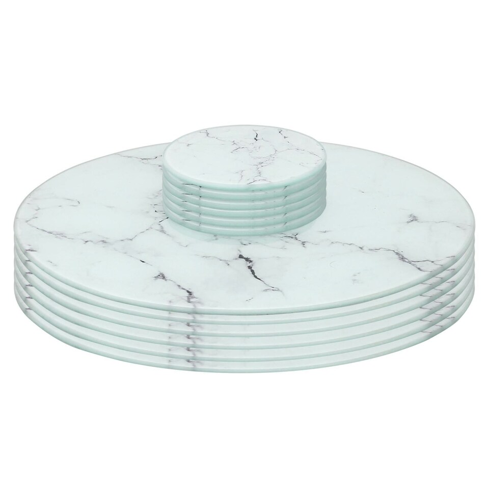 image 1 of Harbour Housewares Round Glass Placemats & Coasters Set - Marble - 12pc Table Protection Set White