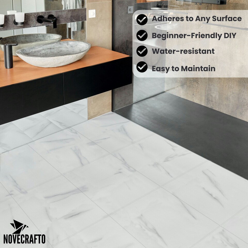 image 1 of NOVECRAFTO Vinyl Floor Tiles Self Adhesive – 18x18in Peel and Stick Waterproof Square Flooring for Kitchen, Bathroom & More – White Marble Design | White | 7.1 sqm