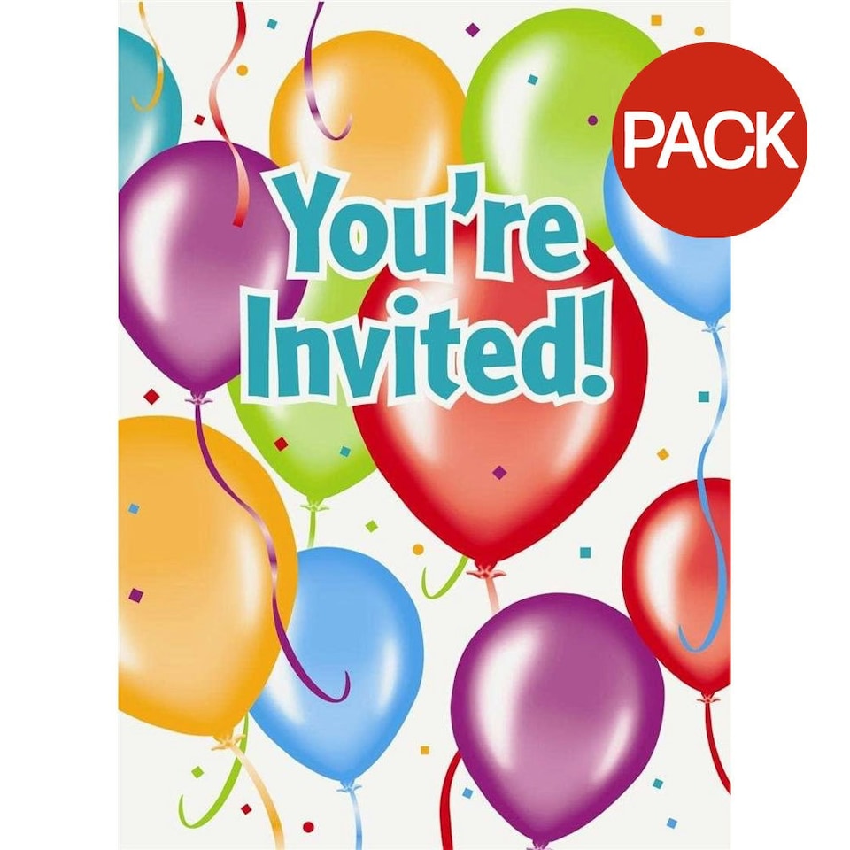 Unique Party Balloons Birthday Invitations (Pack of 8) - Multicoloured - One Size