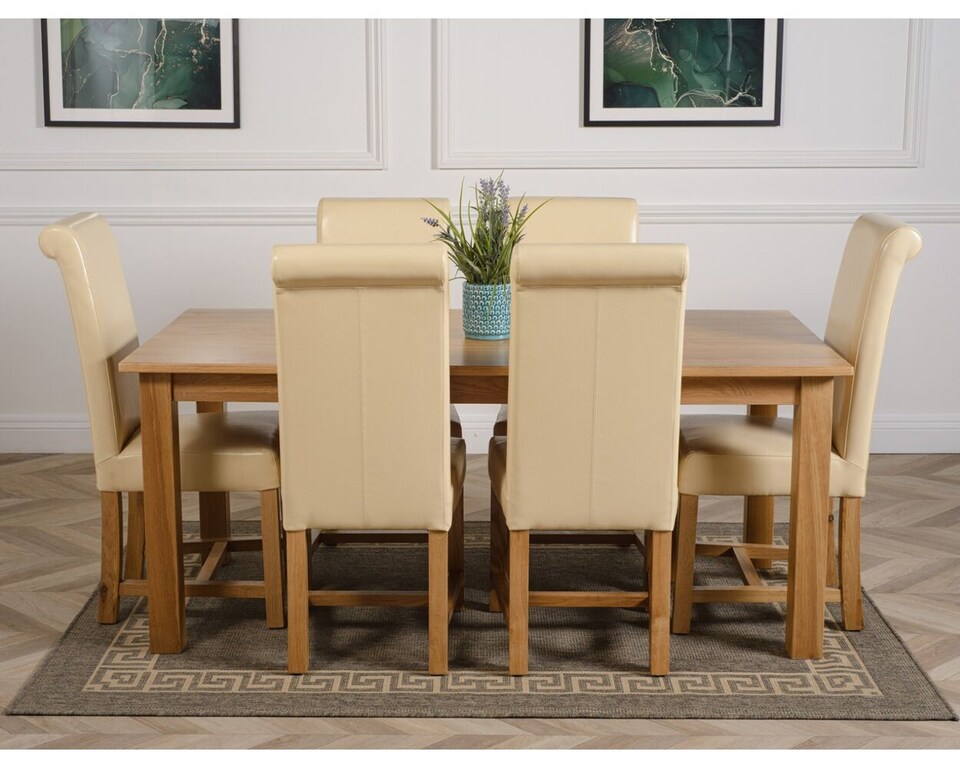 image 1 of Oslo 180 x 90 cm Large Oak Dining Table and 6 Washington Leather Chairs | Cream | Cream