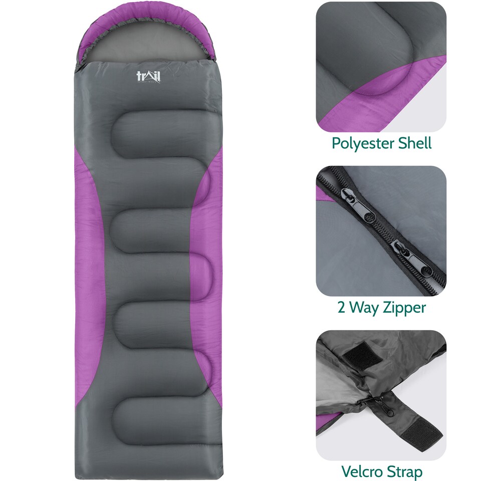 image 1 of Adult Sleeping Bag 3 Season Single Person Warm Hood Carry Bag Trail Alpine 251 | Purple | Single | 1