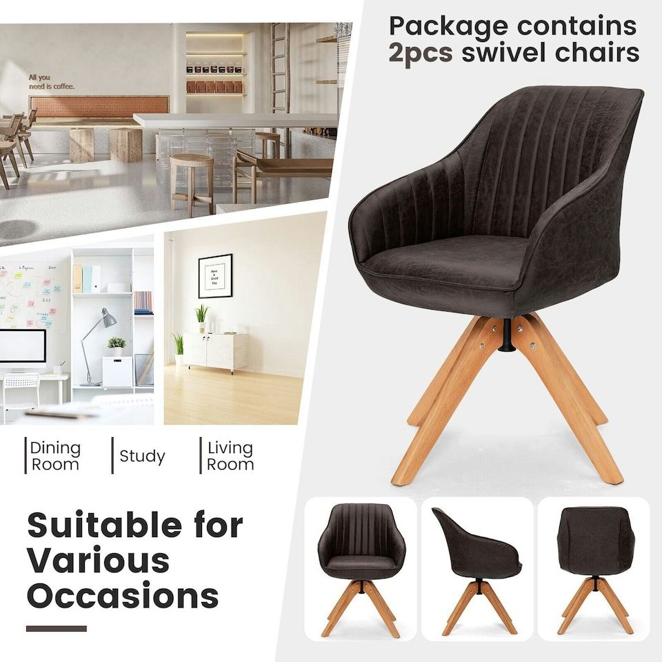image 1 of COSTWAY Swivel Accent Chair Set of 2 Ergonomic Armchairs Brown Brown