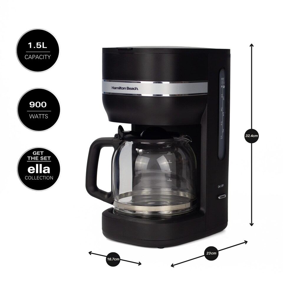 image 1 of Hamilton Beach Filter Coffee Machine, Ella 1.5L, 900W, Coffee Maker for Instant Coffee, Espresso, Macchiato, Makes 12 Cups, Re-usable Filter, Anti-Drip, Water Level Window, Matte Black - HBC9453MB