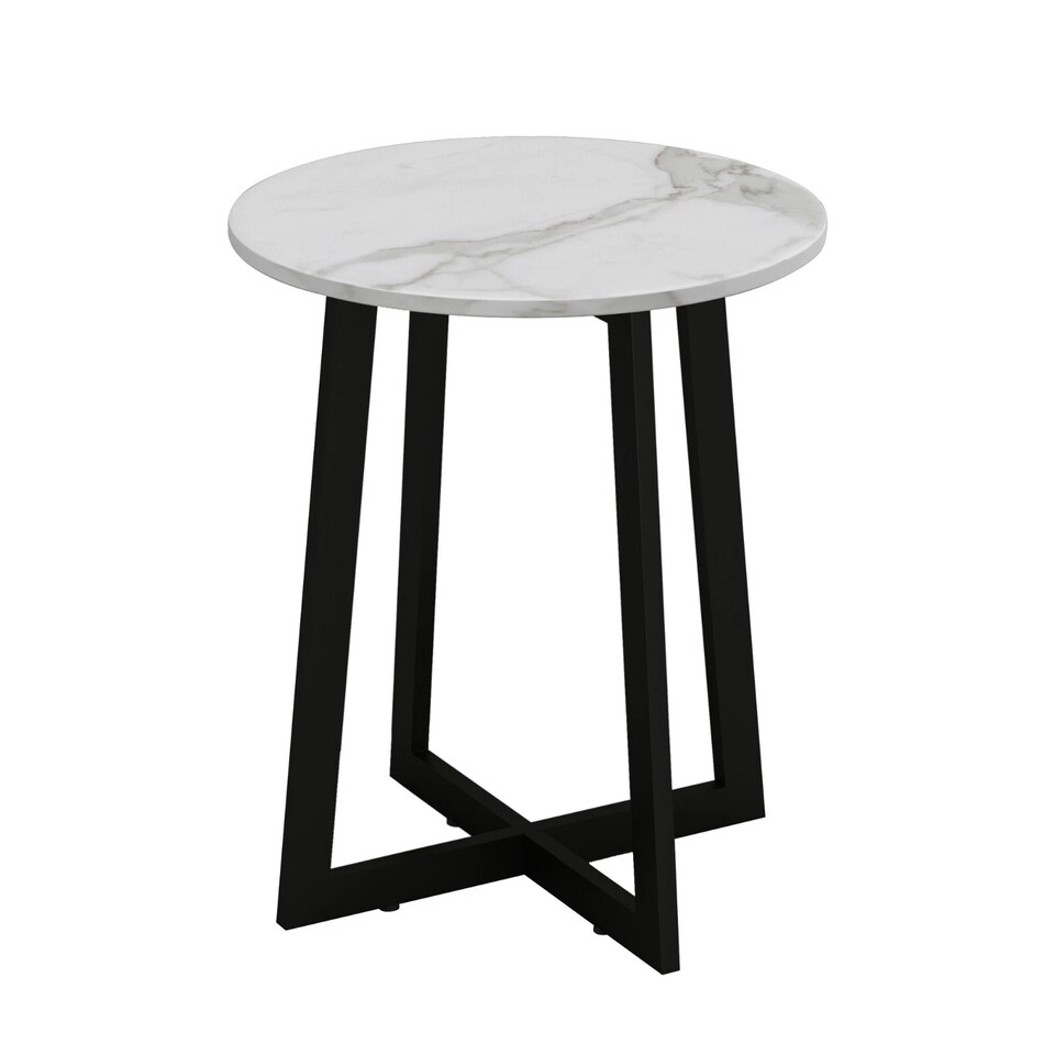 image 1 of Round MDF Coffee Side End Table with Steel Frame Legs Marble Look Living Room | White | White Marble | 1