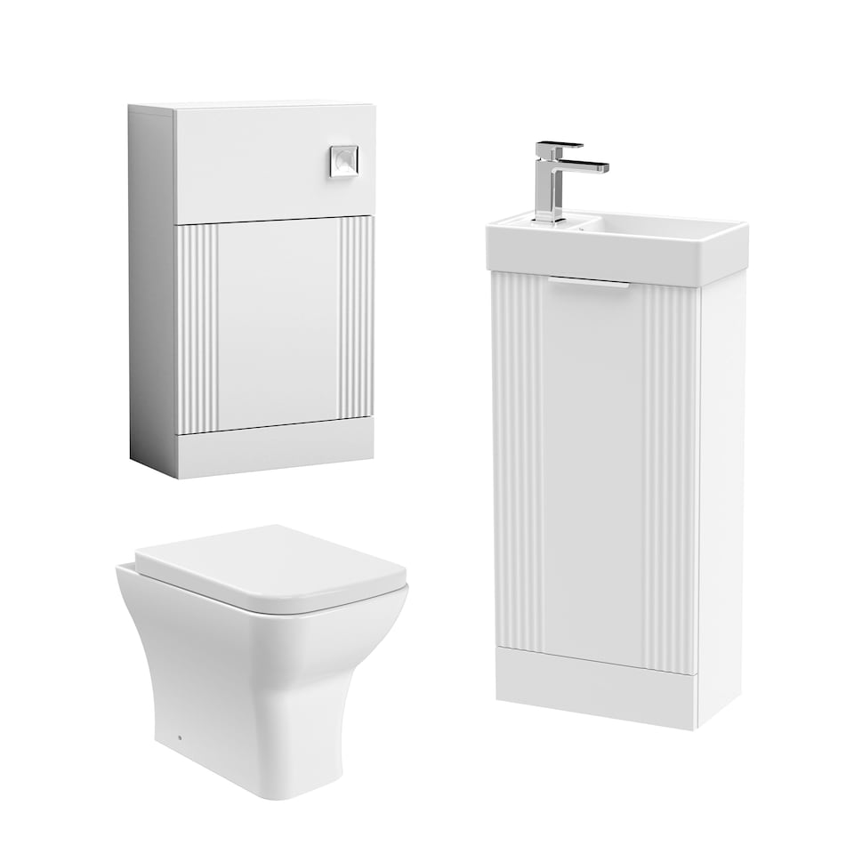 image 1 of Balterley Retro Cloakroom Bundle - Fluted Floor Standing Vanity Unit, WC Unit, Cistern, Toilet Pan & Tap - Balterley | White | Satin White