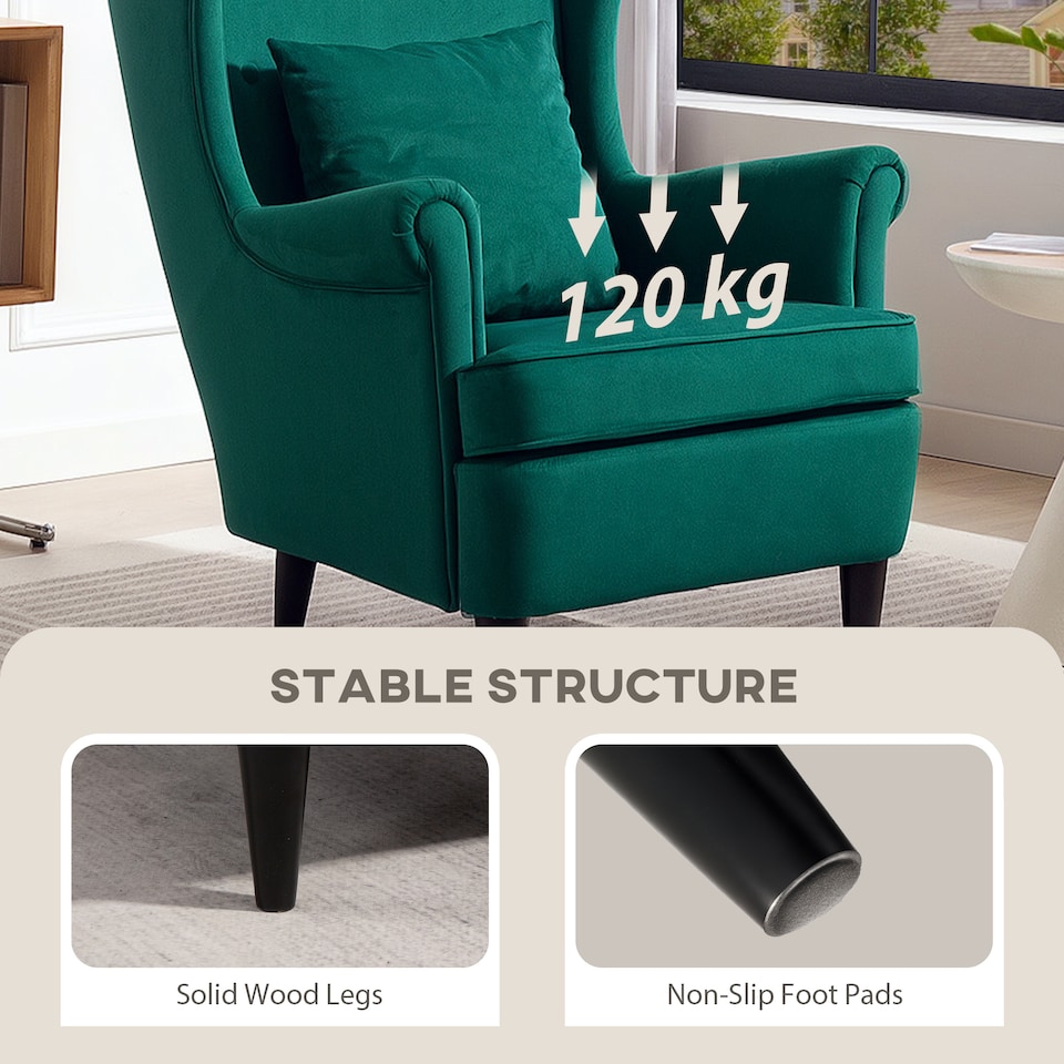 image 1 of HOMCOM Wingback Chair, Modern Accent Chair for Living Room Bedroom, Green | Green | Green