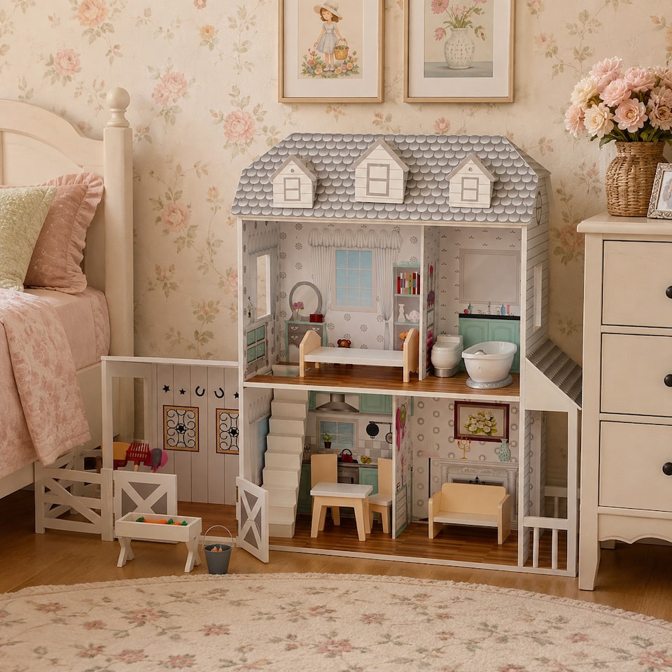 image 1 of Teamson Kids 2-Story Wooden Dollhouse with Stable, Grey, Farmhouse