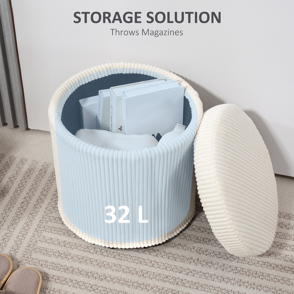 image 1 of HOMCOM 40cm Round Storage Ottoman, Corduroy Footstool with Removable Lid and Legs, Vanity Stool for Living Room, Bedroom, Beige | Brown