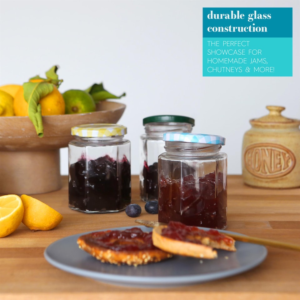 image 1 of Argon Tableware Hexagonal Glass Jam Jars with Gold Lids - 250ml - Pack of 6