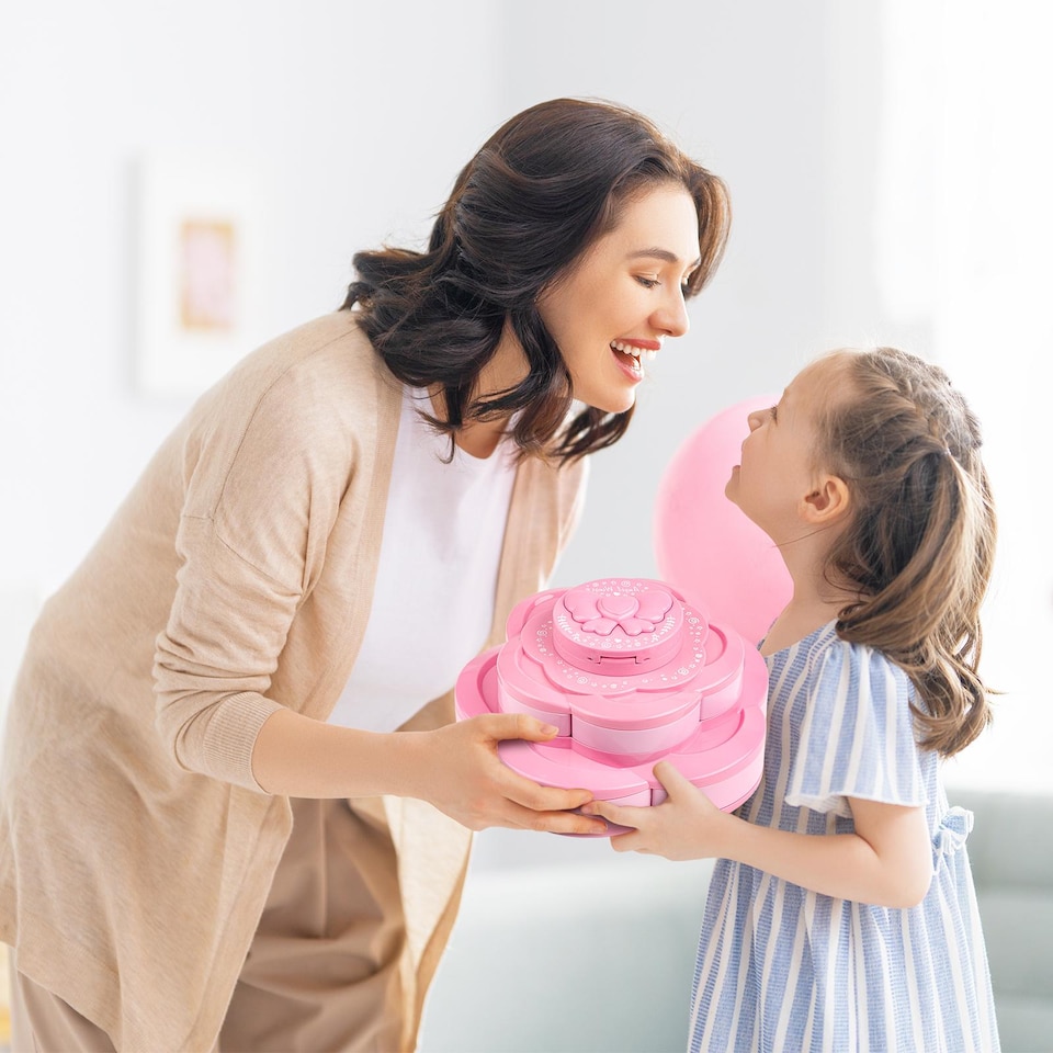 image 1 of Kids Washable Makeup Set - Pretend Play Cosmetic Kit with Lipstick, Nail Polish & Brushes in Flower Case for Girls Ages 3 plus