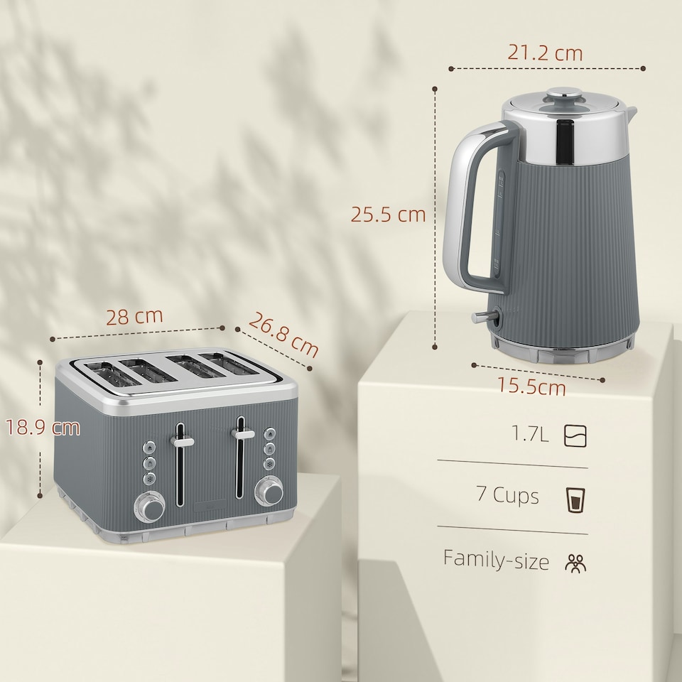 image 1 of HOMCOM 1.7L 3000W Rapid Boil Kettle and 4 Slice Toaster Set Crumb Tray Grey