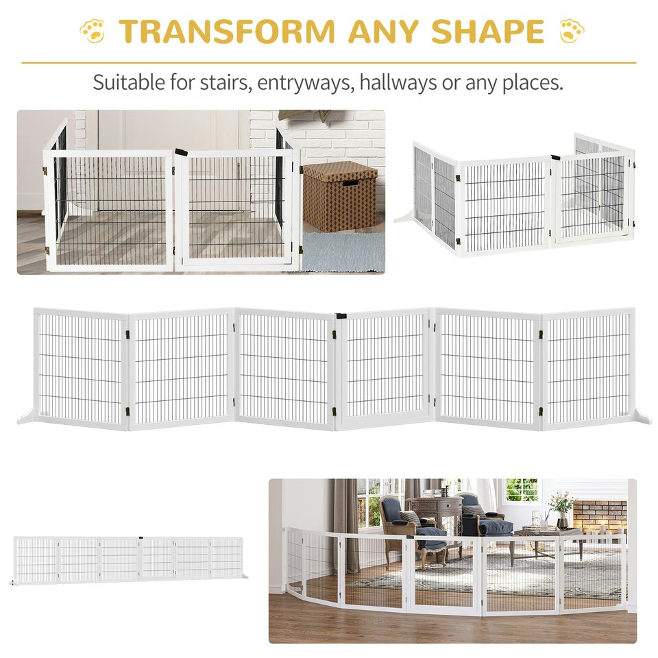 image 1 of PawHut Freestanding Pet Dog Gate 6 Panel Foldable Wooden Playpen