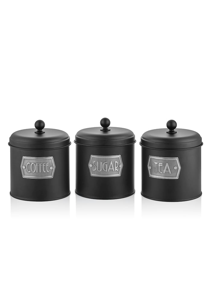 image 1 of Black Coffee, Tea, And Sugar Canister Set - 17 cm (H) x 13 cm (Dia)