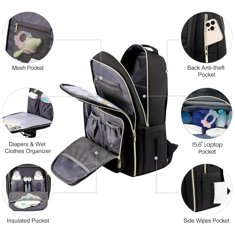 image 1 of LOVEVOOK Nappy Bag Backpack, Quilted Baby Bag with Changing Pad & Pacifier Holder, Waterproof Travel Nappy Bags for Baby Boys Girls, Stylish and Large Capacity, Black