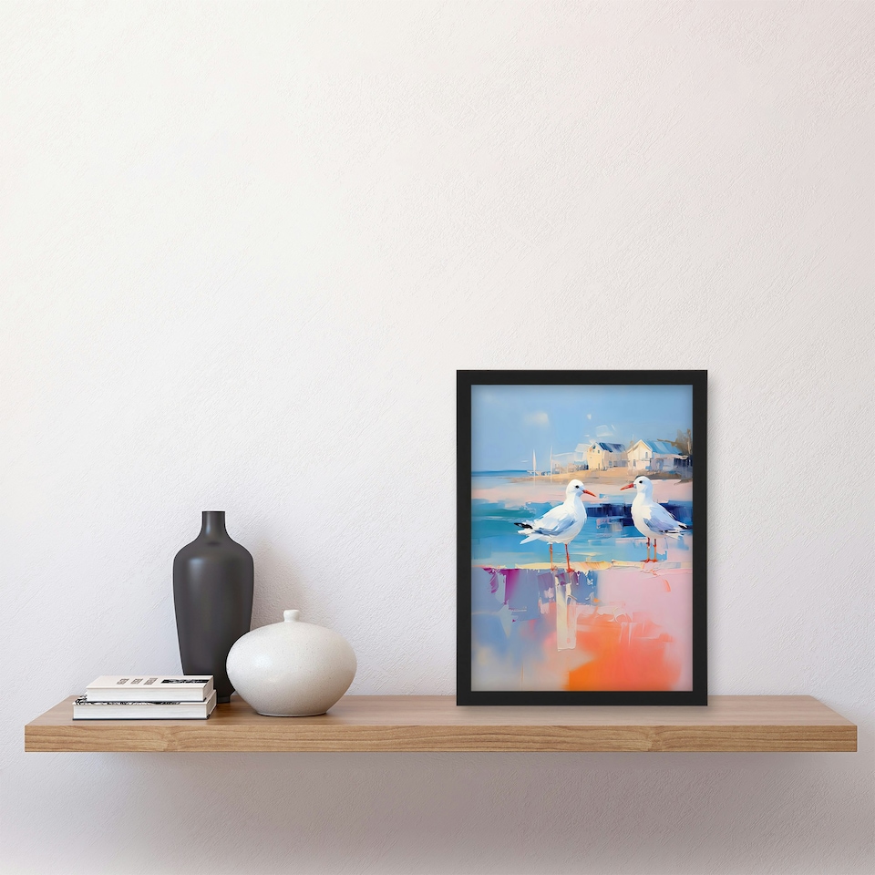 image 1 of Seagull Birds Pastel Colour Pink Orange Home Decor Black Framed Wall Art Print A4