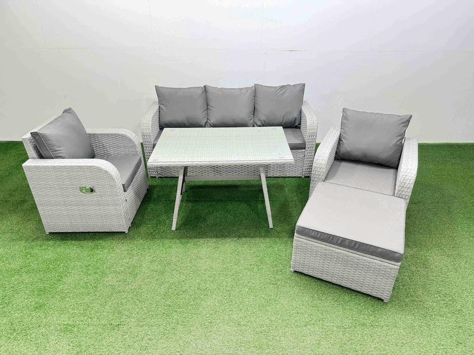 image 1 of Fimous Reclining Chair 3 Seat Sofa Set Garden Furniture Set with Rectangular Dining Table Big Footstool Light Grey