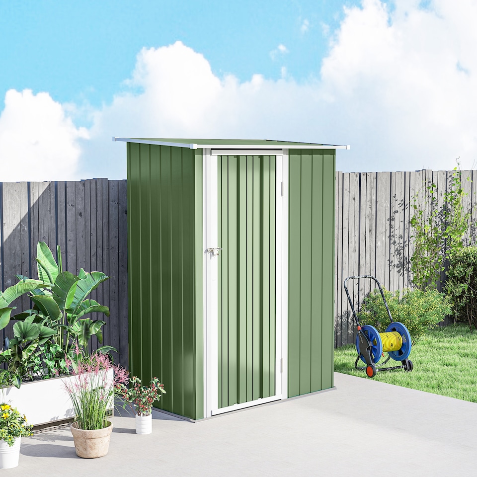image 1 of Outsunny 5ft x 3ft Garden Storage Shed, Outdoor Metal Shed with Sloped Roof, Lockable Door for Tools, Equipment, Light Green