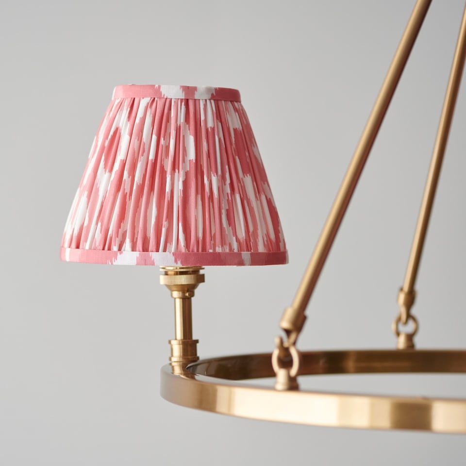 image 1 of Chester Brushed Aged Brass Plate Pendant Light with Coral Pink Fabric Ikat Shade 16cm 3x B22