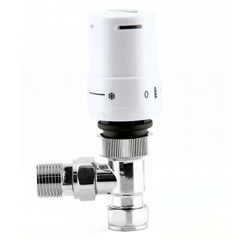 image 1 of Tower TRV Thermostatic Radiator Valve White Angled Lockshield 10-15mm Head Set