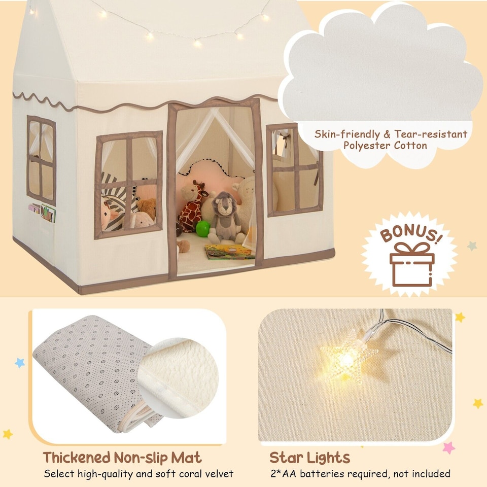 image 1 of COSTWAY Kids Play Tent Indoor Kids Playhouse with Star Lights Brown