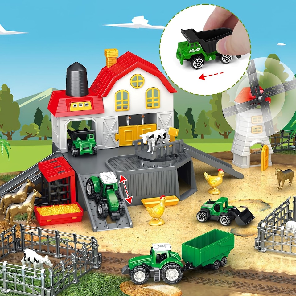 image 1 of 39PCS DIY Farm Animal Playset with Tractor Vehicles, Barn, Fences & Large Play Mat – Educational Farm Toy for Kids Ages 3+