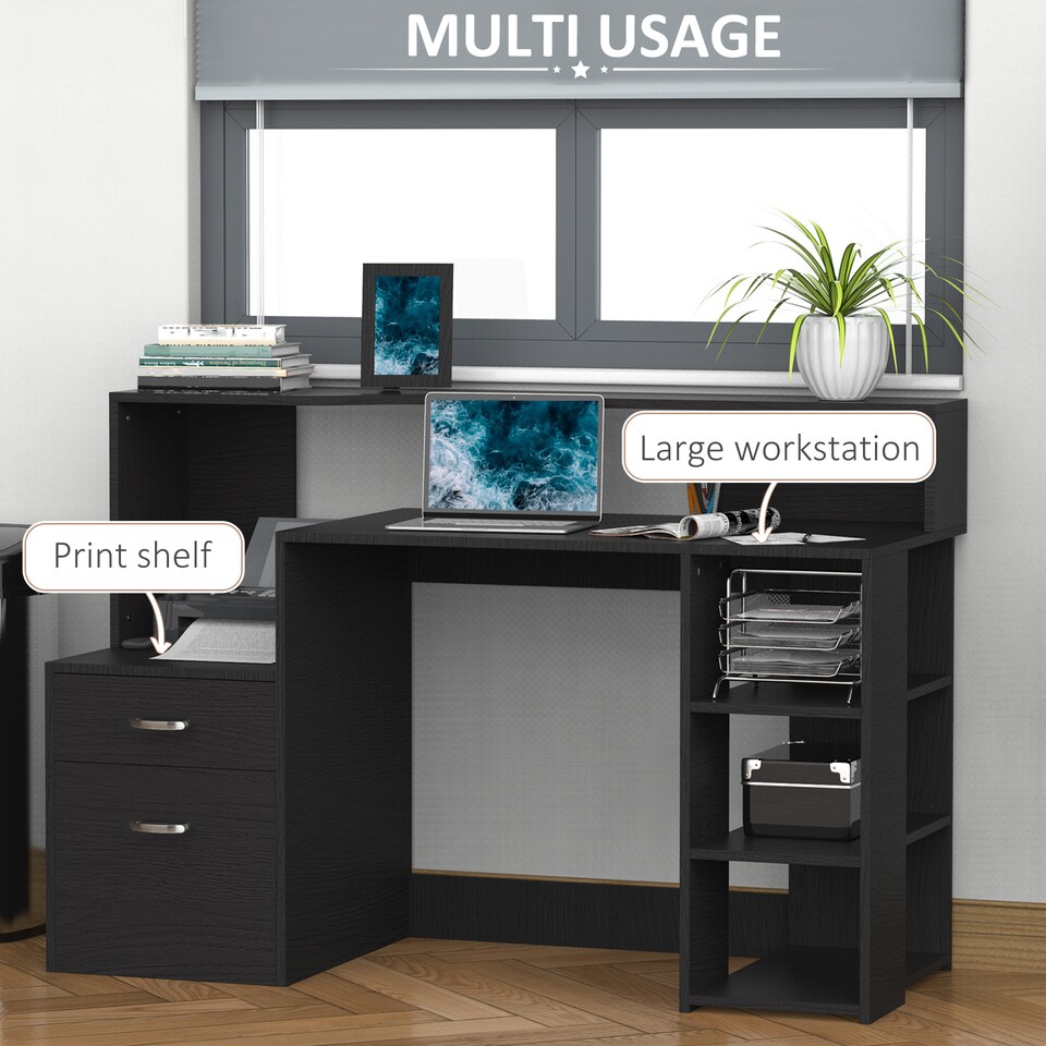 image 1 of HOMCOM Computer Desk with Drawers and Storage Shelves, Office Desk Writing Table with Printer Stand, Large Workstation for Study Play Work Home Office, 137 x 55 x 92cm, Black