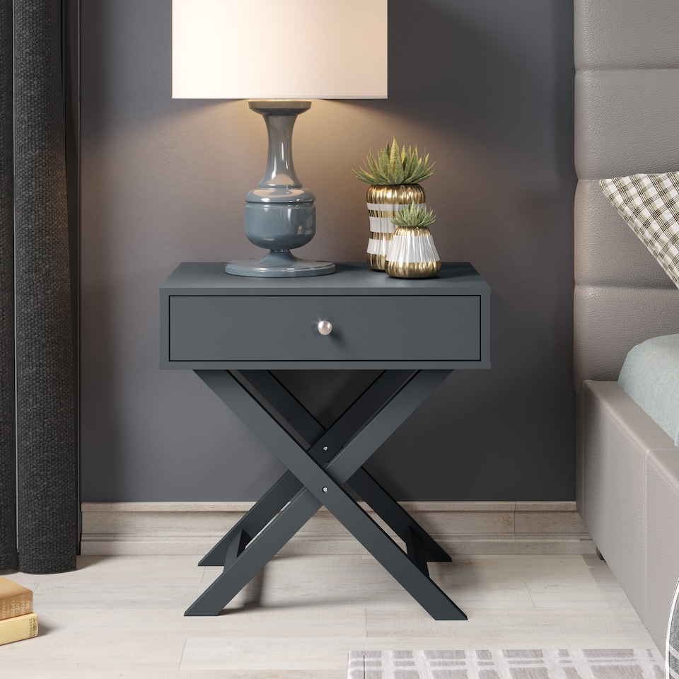 image 1 of Options 1 Drawer X-Frame Bedside Table - Painted Finish, Polished Metal Handle | Blue | Blue | One Size | 1