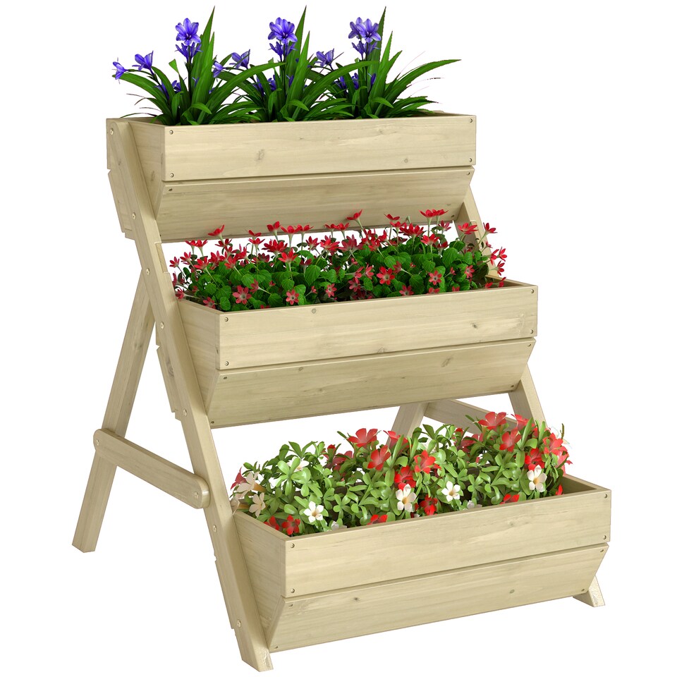 image 1 of Outsunny 3 Tier 66L Raised Garden Bed Wooden Elevated Planter Box Kit for Flower, Vegetable, Herb, 65 x 75 x 76cm, Green
