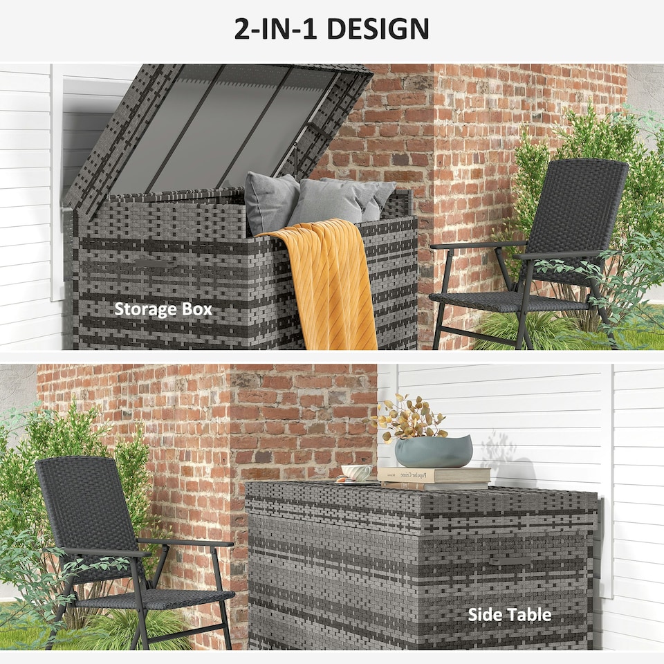image 1 of Outsunny 627 L Rattan Garden Storage Box with Gas Lift Lid and Wheels Grey | Dark Grey | 153 x 69 x 85 cm