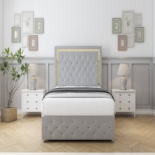 Sloomy Sofia Gold Silver Plush Divan Bed With Mattress 2 Drawers Footend With 54" Floor Standing Headboard & 12" Matching Footboard 6' Super King | Silver | Silver | Super King | 1