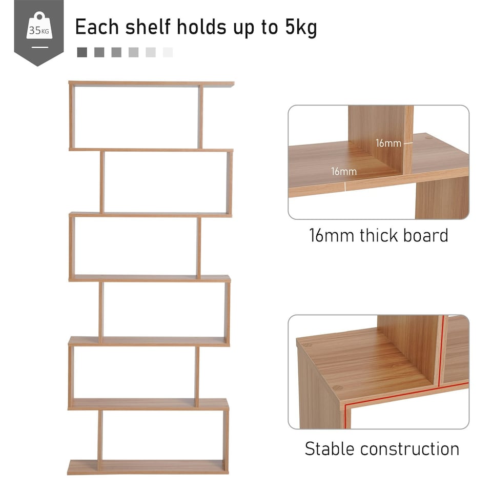image 1 of HOMCOM 6-Tier Wooden Modern S-Shaped Shelf Storage Unit Home Office Maple Colour