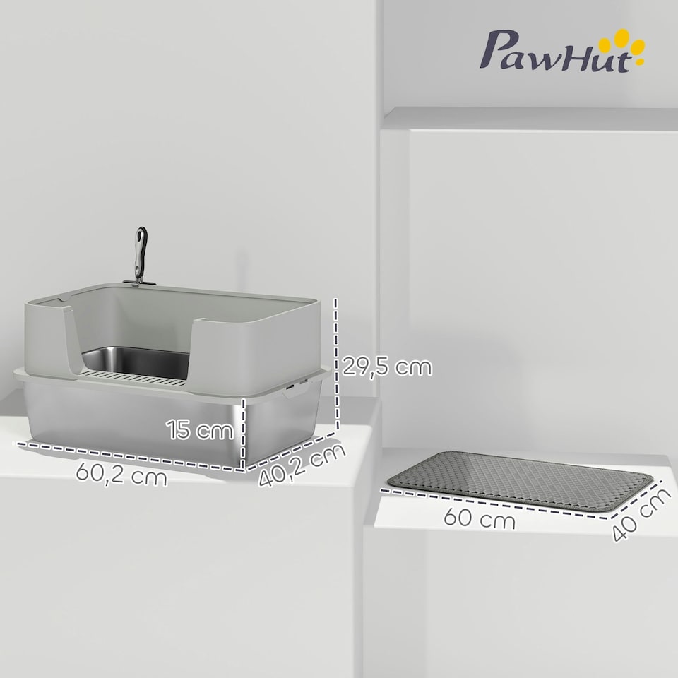 image 1 of PawHut Stainless Steel Litter Box with Scoop, High Sided Cat Litter Tray Grey | One Size