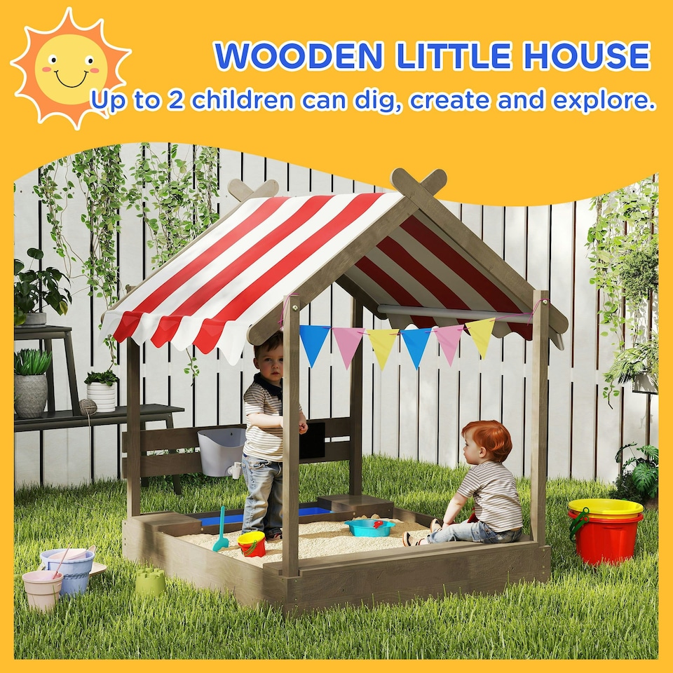 image 1 of Outsunny Sand Pit with Canopy, Blackboard, Toys, Sink, Seats, Flags for Kids