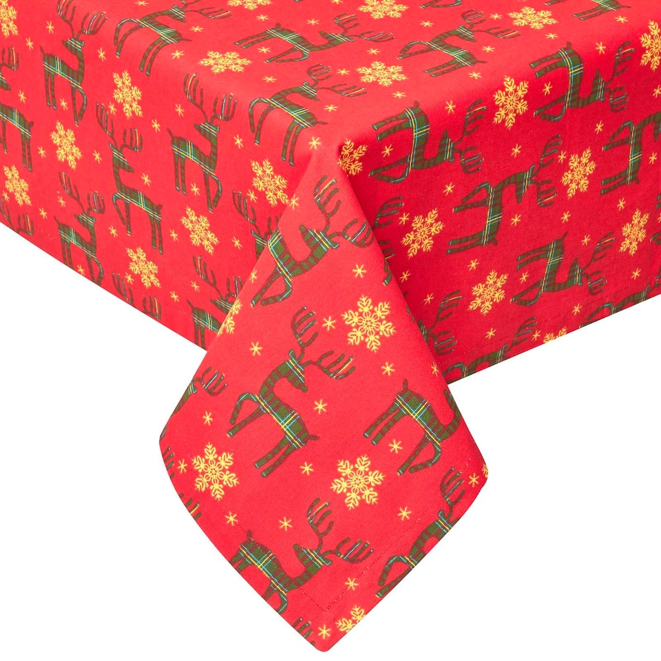 image 1 of Homescapes Red Reindeer Cotton Christmas Tablecloth - 137 x 229 cm | Red