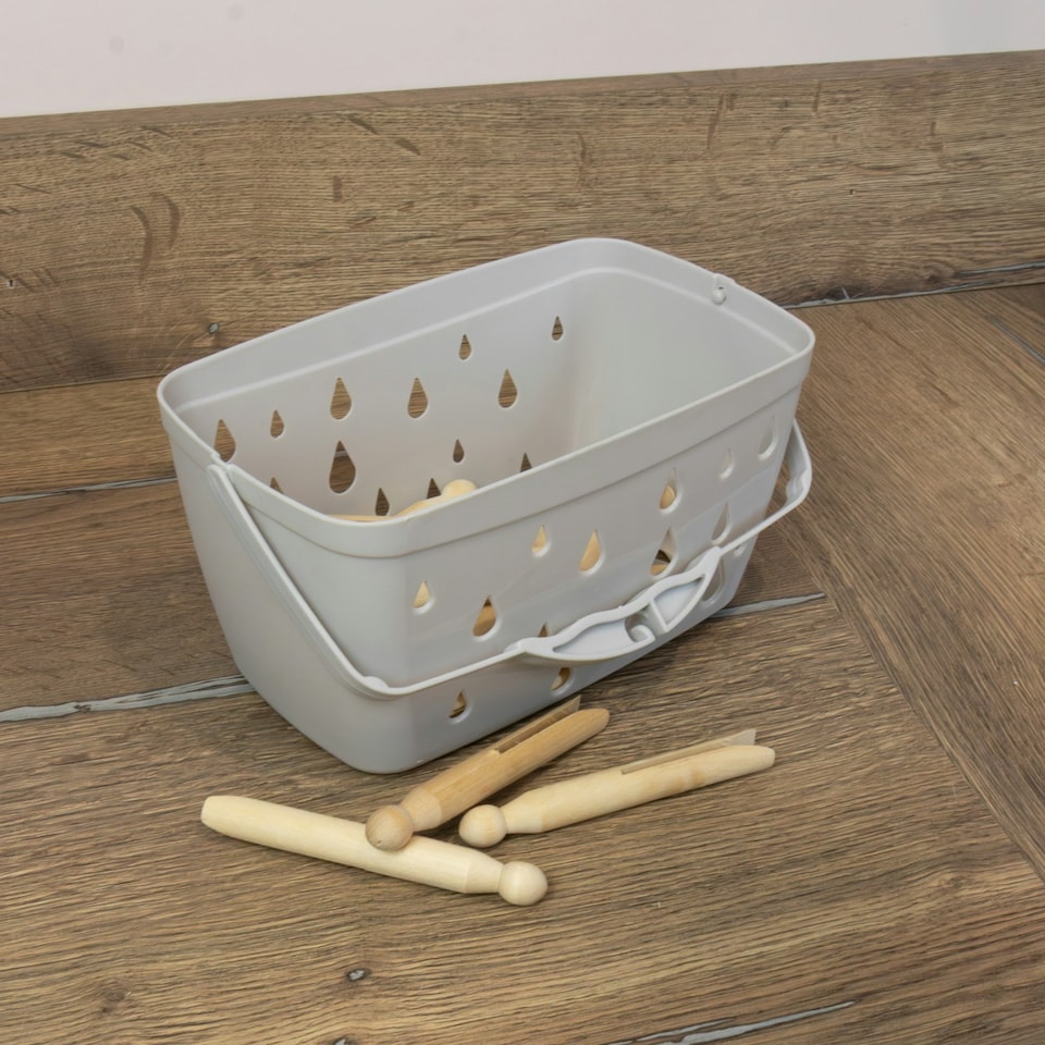 image 1 of JVL Plastic Peg Basket, Grey with 48 Wooden Dolly Pegs, Brown